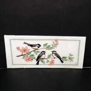 Handmade Cross Stitch Chickadee Birds Pink Flowers Floral Cottagecore Needlework